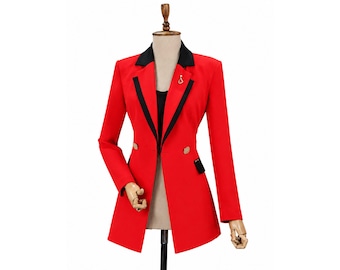 Red Cotton Women’s Blazer Jacket | Black Contrast Lapel Longline Office Blazer | Formal Business Coat | Elegant Tailored Cotton Jacket