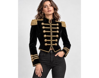 Schwarze Samtjacke im Militärstil für Damen | Goldbestickter Mantel im Husarenstil | Luxuriöser Offiziersblazer im viktorianischen Stil | Gothic-Steampunk-Jacke