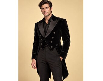 Schwarzer Samtfrack für Herren, zweireihiger viktorianischer Smoking, gotischer Hochzeitsblazer, formeller Steampunk-Abendmantel