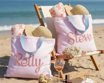 Personalized Seersucker Beach Tote, Custom Chenille Name Pool Bag, Bridesmaid Gift Tote, Girls Trip Bag, Summer Vacation Tote