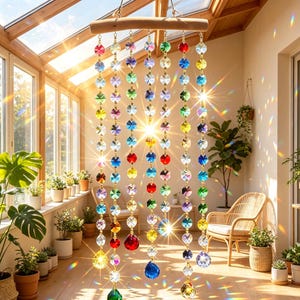 Puede incluir: Un atrapasoles colgante con seis hilos verticales de cuentas de cristal facetado multicolor suspendidos de una barra de madera horizontal. Las cuentas reflejan la luz solar, creando destellos brillantes y prismas de colores en el espacio.