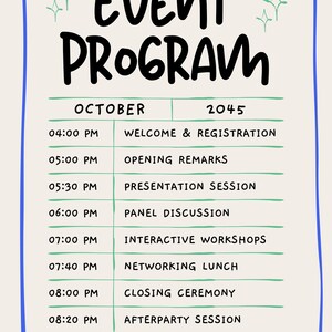 Puede incluir: Un programa de eventos beige con un borde azul dibujado a mano y un lazo azul en la parte inferior. El texto dice EVENT PROGRAM, OCTOBER 2045, y enumera un horario de 04:00 PM a 08:20 PM, incluyendo datos de contacto y el sitio web fafariza.com.