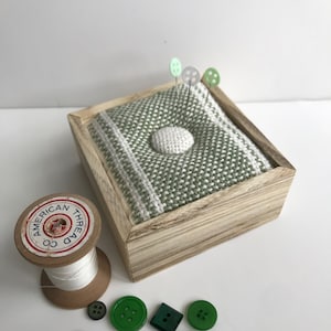 Handwoven Pincushion in Wooden Box