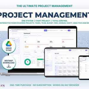 Op de afbeelding: Een digitaal projectmanagementsysteem weergegeven op een laptop, tablet en smartphone. De interface bevat een dashboard met 34 interactieve pagina's voor taken, budgetten en analyses. Tekst bevat THE ULTIMATE PROJECT MANAGEMENT en DRIVE SYNC.