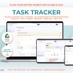 May include: A digital task tracker spreadsheet template displayed on a laptop, tablet, and smartphone. The screen shows a dashboard with analytics, projects, and tasks. Text includes PLAN YOUR ENTIRE WORKFLOW IN ONE PLACE, TASK TRACKER, DRIVE SYNC, and INSTANT DOWNLOAD.