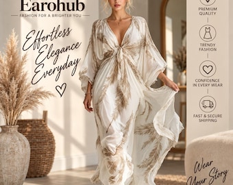 Vestido longo feminino com estampa de penas, decote em V e modelagem fluida, estilo boho para férias de verão, modelo plus size com detalhe torcido na frente, tamanhos P a 3XG.