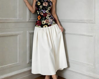 Floral Embroidered Strapless Maxi Dress, Boho Summer Vacation Party Wear