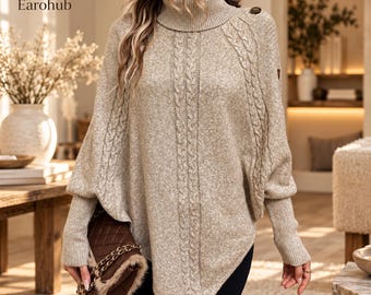 Cozy Cable Knit Turtleneck Cape Sweater | Buttoned & Slightly Stretchy