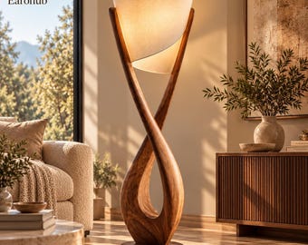 Lampadaire sculptural en bois avec abat-jour en lin, lampadaire moderne en noyer