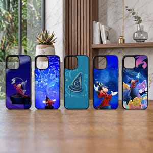 May include: Five rectangular phone cases featuring Disney's Sorcerer Mickey Mouse designs. The cases display various scenes with Mickey in his blue wizard hat and red robe, including starry night backgrounds, constellations, and a single wizard hat icon.