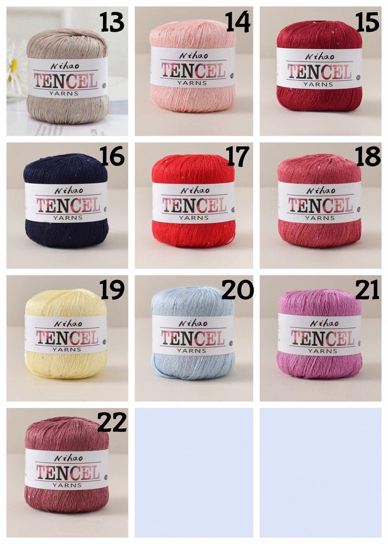 May include: A collection of ten cylindrical skeins of Nihao Tencel yarn in various colors, including beige, pink, red, navy, bright red, rose, yellow, light blue, purple, and mauve, each with a white paper label reading Nihao TENCEL YARNS.
