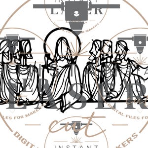 Puede incluir: Una ilustración de arte lineal negro que representa la Última Cena, con una figura central con halo rodeada por doce personas sentadas a una mesa larga. El diseño se presenta como un archivo digital para corte láser con marcas de agua.