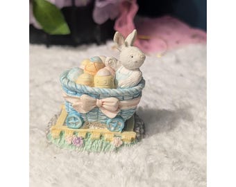 SCC Easter Bunny Rabbit Figurine in Basket w/ Eggs, Painted Resin, Multicolor
