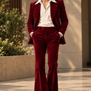 Può includere: Un completo in velluto rosso scuro composto da una giacca con ampi revers e pantaloni a zampa abbinati, indossato sopra una camicia color crema con colletto a punta. L'insieme è completato da scarpe eleganti in pelle marrone.