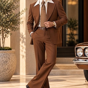 Può includere: Un abito marrone composto da una giacca con ampi revers, pantaloni svasati abbinati, una camicia bianca con colletto e una cravatta marrone testurizzata. L'outfit include una cintura in pelle marrone, un orologio da polso dorato e scarpe eleganti.