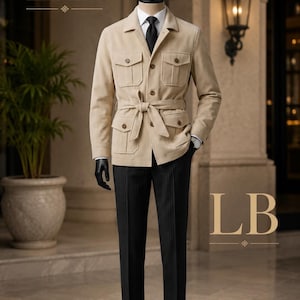 Jaqueta Safari Masculina Bege, Casaco de Campo Estilo Linho Sob Medida