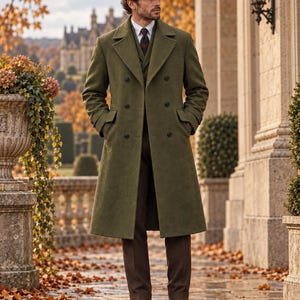 May include: A long olive green double-breasted wool coat with notched lapels and black buttons, worn over a dark brown suit, a white collared shirt, a dark patterned tie, and a brown tweed flat cap, paired with dark brown leather dress boots.