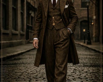 May include: A brown tweed three-piece suit comprising a long overcoat, a waistcoat, and pleated trousers. The ensemble features a white collared shirt, a dark tie, a white pocket square, a gold pocket watch chain, and a dark grey flat cap.