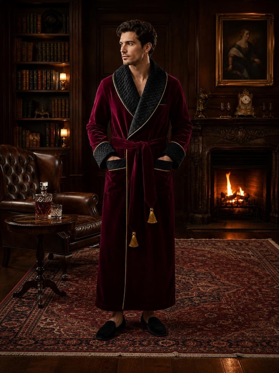 Burgundy Velvet Smoking Robe Men, Luxury Quilted Shawl Collar Dressing Gown, Custom Velvet Housecoat, Gentleman Gift