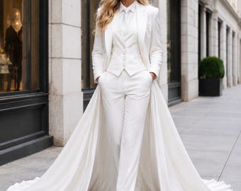 Op de afbeelding: Een wit driedelig pak bestaande uit een getailleerde blazer, een vest met knopen en een broek met rechte pijpen. De blazer is voorzien van een lange, vloeiende, afneembare sleep die vanaf de taille tot op de grond reikt.