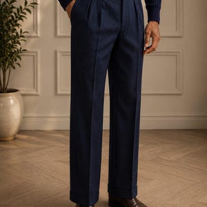 Men's Navy High Waist Pleated Trousers, Vintage Tailored Dress Pants Side Adjusters