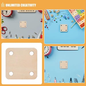 May include: A square light-colored wooden piece with rounded corners and four circular holes positioned near each corner. The piece is shown in a collage of images featuring various craft supplies and the text UNLIMITED CREATIVITY.