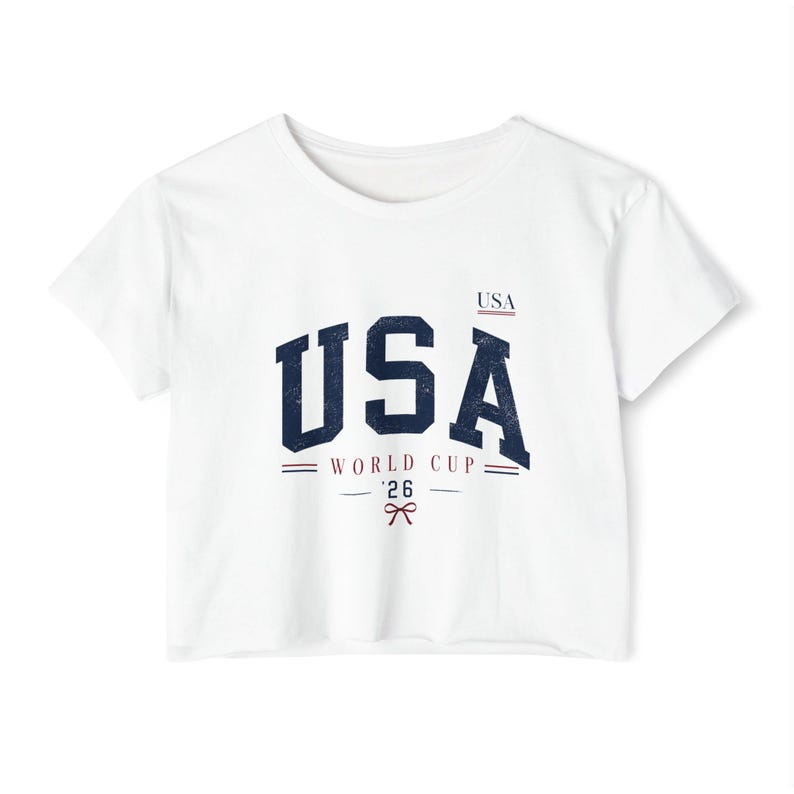 Top corto de la Copa Mundial de EE. UU. 2026, camiseta vintage desgastada para aficionados al fútbol, camiseta de mujer de la selección femenina de EE. UU. White