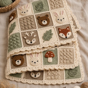 May include: A crocheted blanket featuring a grid of squares in cream, sage green, and brown. The squares display textured patterns, leaves, and appliqués of a bear, rabbit, deer, fox, and mushroom. The blanket has a scalloped cream border.