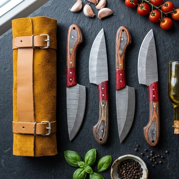 Handmade Damascus Steel Steak Knife Set, Grilling Gifts for Men, Wood Handle Steak Knives, Father's Day, Christmas, Wedding Gifts | Set of 4