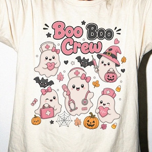 Koszulka pielęgniarki na Halloween, zabawna koszulka z okrągłym dekoltem Boo Boo, strój na upiorny sezon w wygodnych kolorach – prezent
