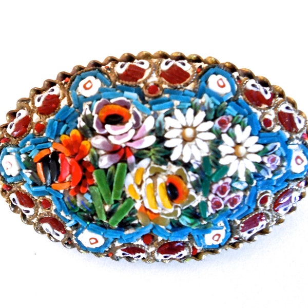 Vintage Rose and Daisy Micro Mosaic Brooch Pin Millefiori Glass Flower Brooch Made in Italy Italian Micro Mosaic Blue Yellow Red Orange
