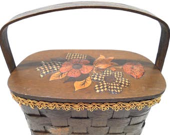 Vintage Basket Handbag Basketville Putney Vermont Decoupage Floral Handbag Brown Picnic Basket 1960s Vintage Handbags