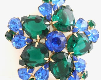 Vintage Blue and Emerald Green Rhinestone Brooch Flower Brooch Vintage Brooches Vintage Pins