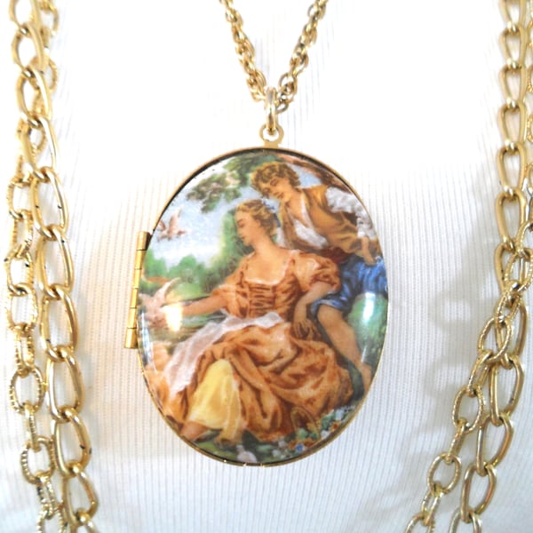 Vintage Limoges Style Locket Necklace Courting Couple Locket Necklace Triple Strand Gold Tone Necklace Photo Locket Necklace