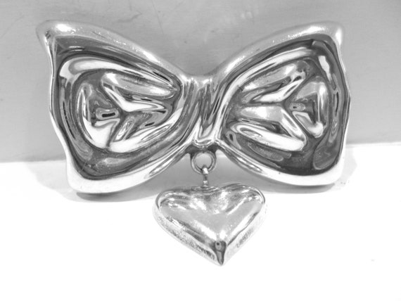 Vintage Sterling Silver Bow and Heart Brooch Pend… - image 2