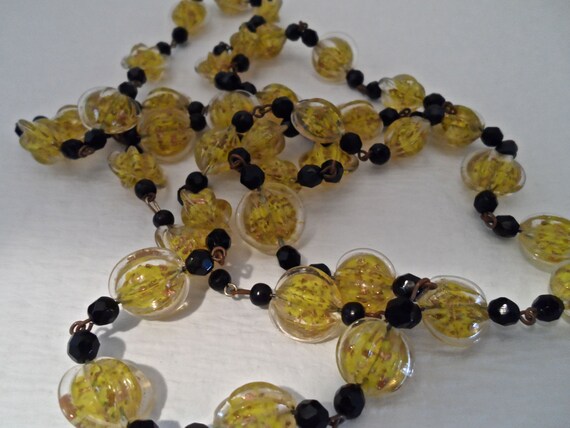 Yellow and Black Lampwork Bead Crystal Bead Neckl… - image 2