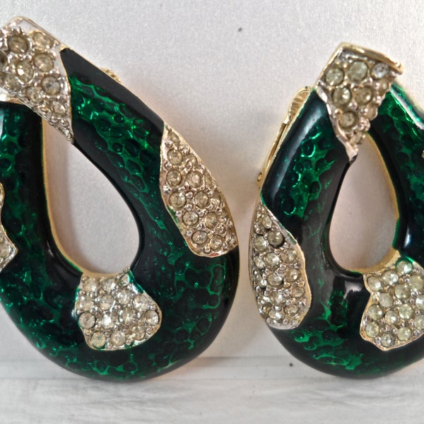 Vintage Kenneth J Lane Emerald Green Enamel and Rhinestone Horseshoe Clip Earrings 1960s Vintage Jewelry Signed Vintage Jewelry KJL Jewelry