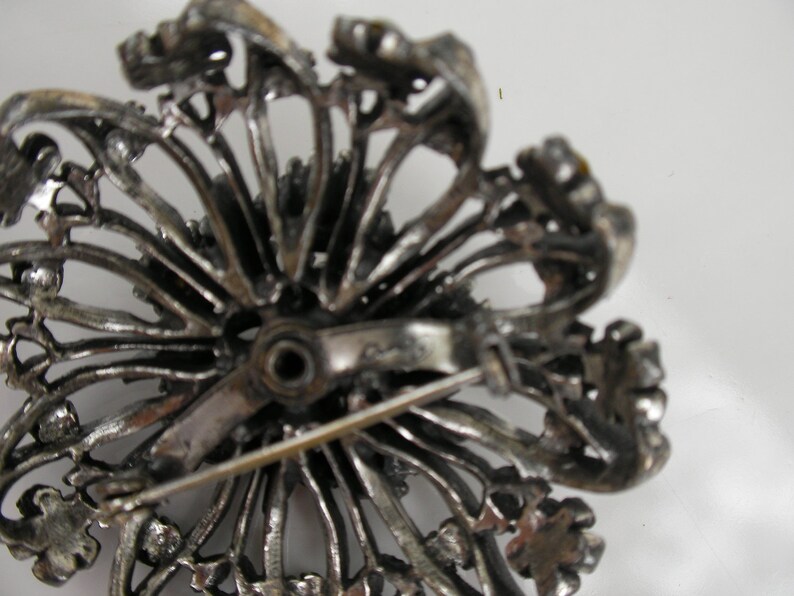 Vintage Coro Rhinestone Brooch Antiqued Silver Tone Metal Rhinestone Flower Brooch Signed Vintage Jewelry