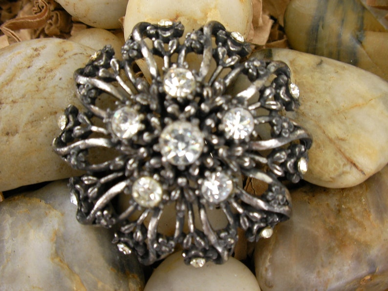 Vintage Coro Rhinestone Brooch Antiqued Silver Tone Metal Rhinestone Flower Brooch Signed Vintage Jewelry