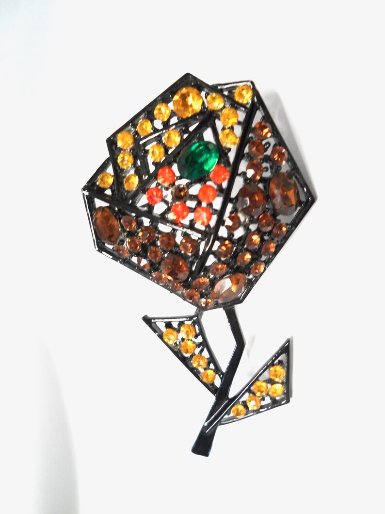 Vintage Art Rhinestone Flower Brooch Pin Large Cubist Style Japanned Art Deco Style 1950s Art Jewelry Multi Colored Rhinestone Brooch