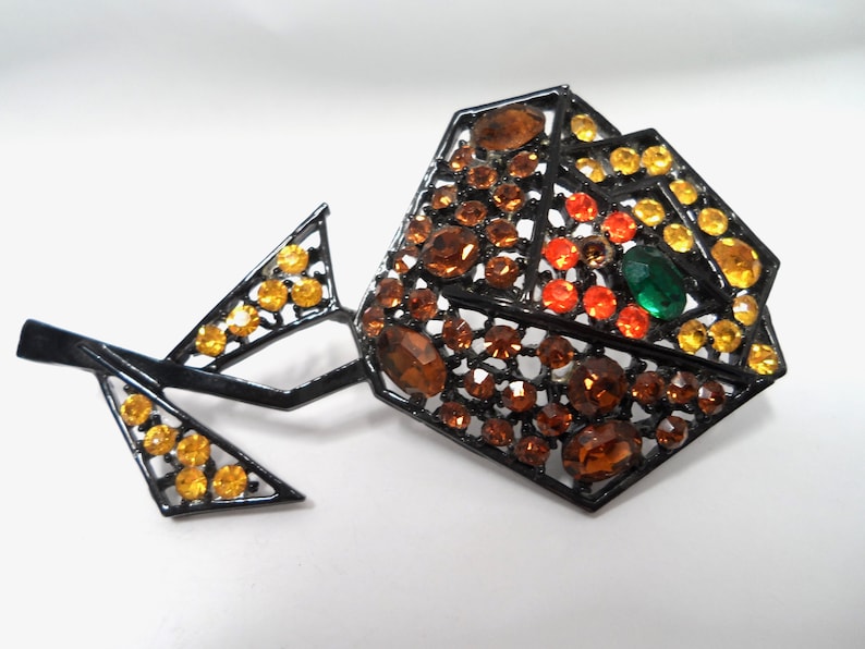 Vintage Art Rhinestone Flower Brooch Pin Large Cubist Style Japanned Art Deco Style 1950s Art Jewelry Multi Colored Rhinestone Brooch