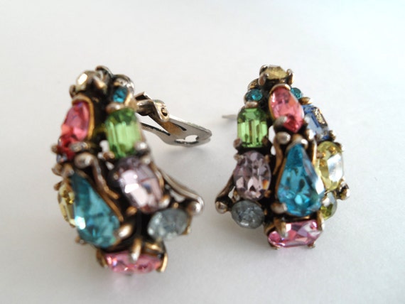Vintage 1950s Hollycraft Pastel Rhinestone Earrings Vintage