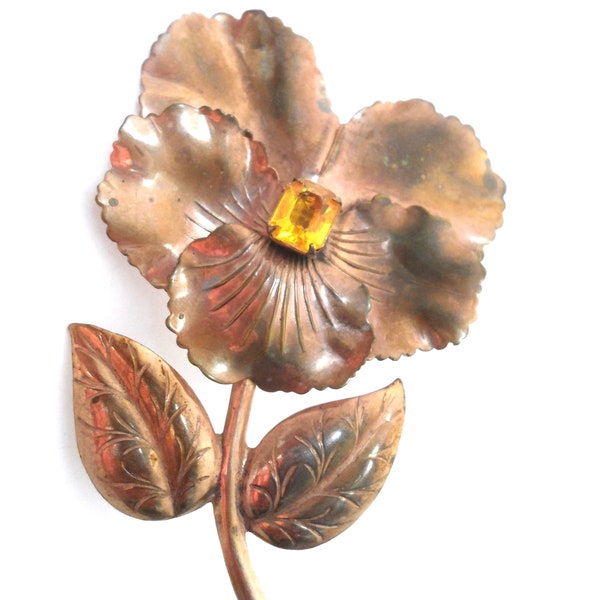 Vintage Copper Pansy Flower Brooch Copper and Rhinestone Brooch 1960s Copper Jewelry 1960s Flower Brooch Large Flower Brooch Spring Flowers