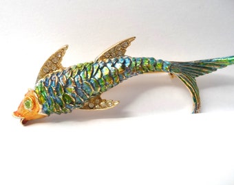 Vintage Enamel and Gold Tone Fish Brooch Vintage Figural Brooches Vintage Fish Jewelry Tropical Fish Brooch Blue and Green Enamel Brooch