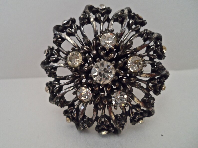 Vintage Coro Rhinestone Brooch Antiqued Silver Tone Metal Rhinestone Flower Brooch Signed Vintage Jewelry