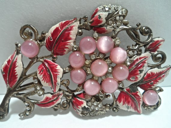 Vintage 1930s Fuchsia Pink Enamel and Pink Moonsto