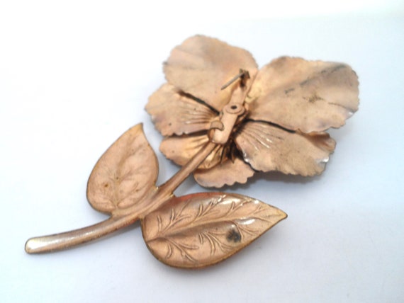 Vintage Copper Pansy Flower Brooch Copper and Rhi… - image 3