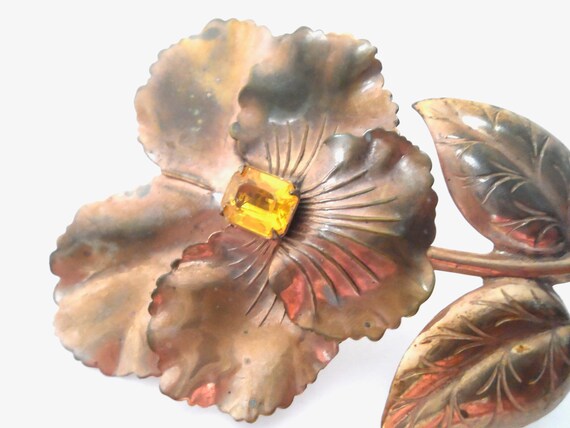 Vintage Copper Pansy Flower Brooch Copper and Rhi… - image 2