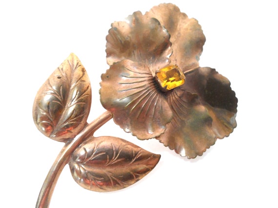 Vintage Copper Pansy Flower Brooch Copper and Rhi… - image 4