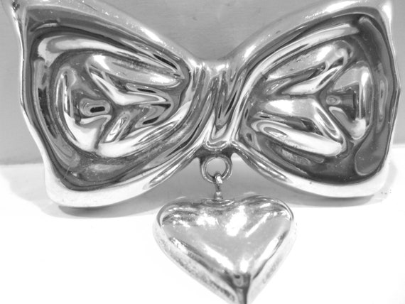 Vintage Sterling Silver Bow and Heart Brooch Pend… - image 4
